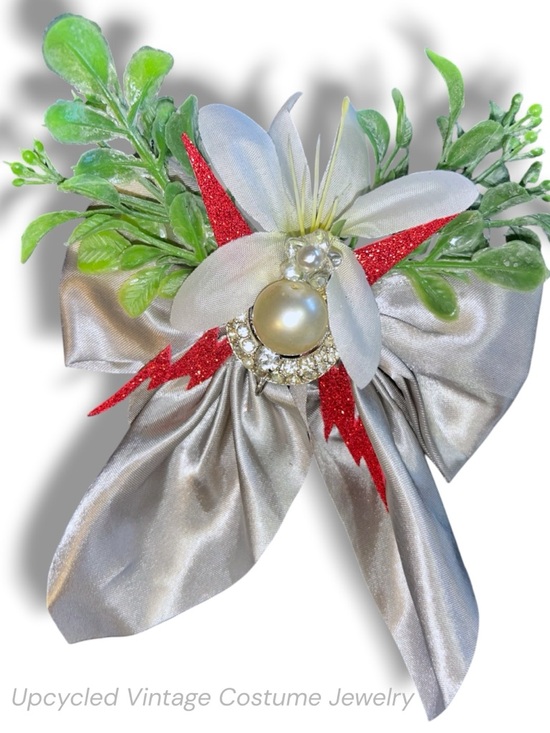 Artisan Accessories - UpCycled Statement Hair Bow Barrette Red Silver Pearl Rhinestone Floral Glam Fun